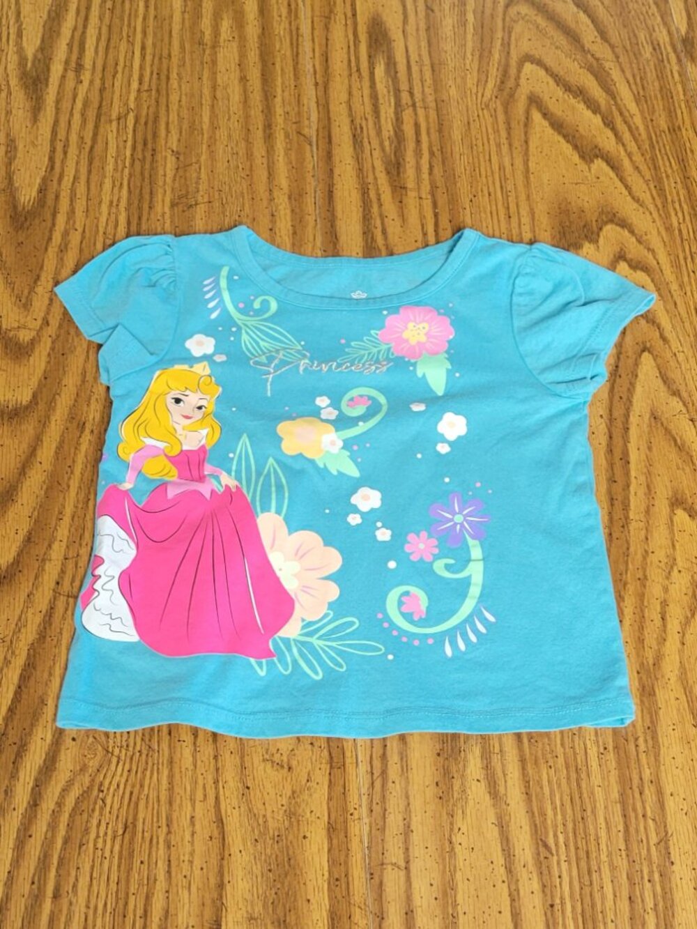 Disney Princess Aurora Floral Glitter Tee Blue Girls Size 5T
